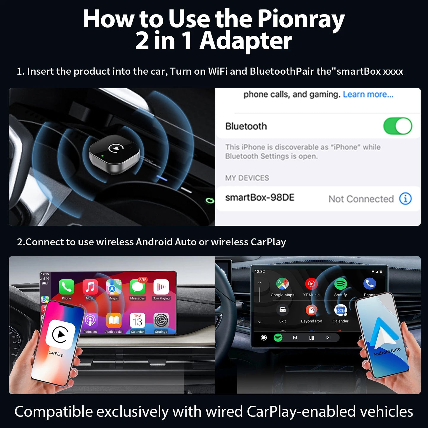 Pionray Adapter Bezprzewodowy CarPlay i Android Auto | USB-C, WiFi 5GHz, BT 5.0