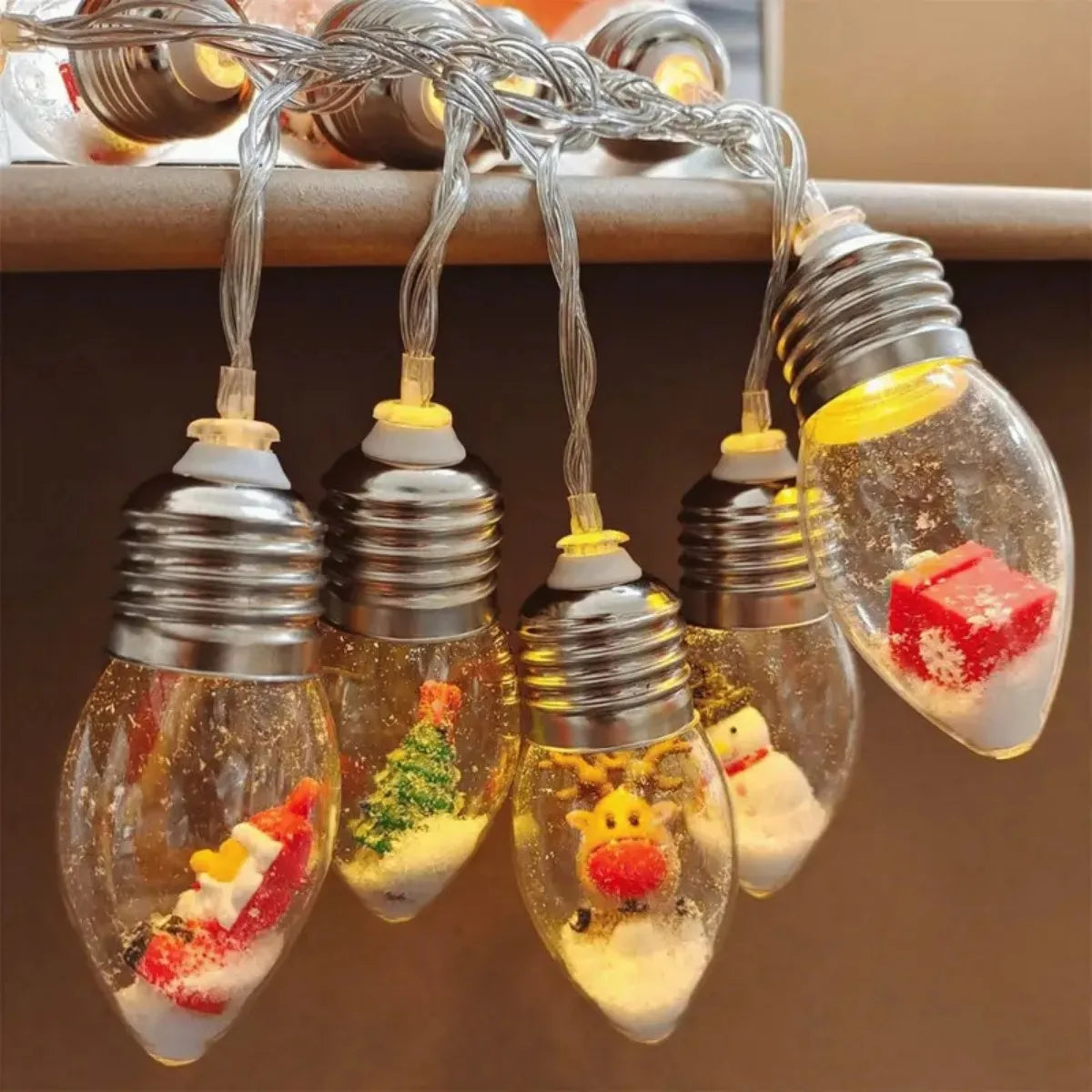 1pc 10/20LED Globe Bulbs String Light with Snow & Cute Ornaments Perfect For Home Patio Fireplace Christmas Xmas Tree Decoration