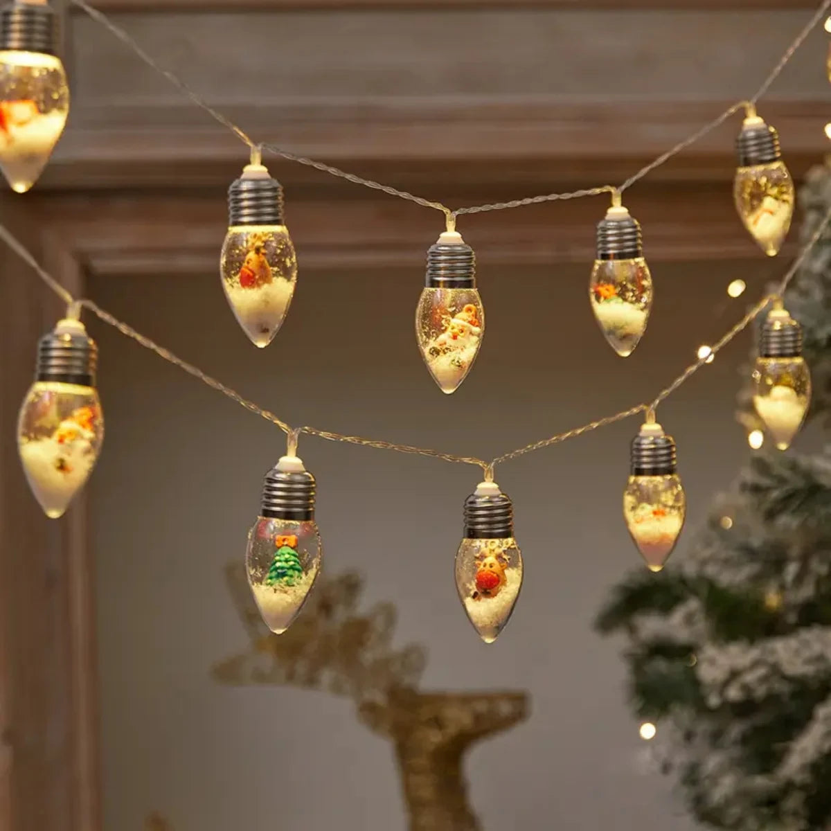 1pc 10/20LED Globe Bulbs String Light with Snow & Cute Ornaments Perfect For Home Patio Fireplace Christmas Xmas Tree Decoration
